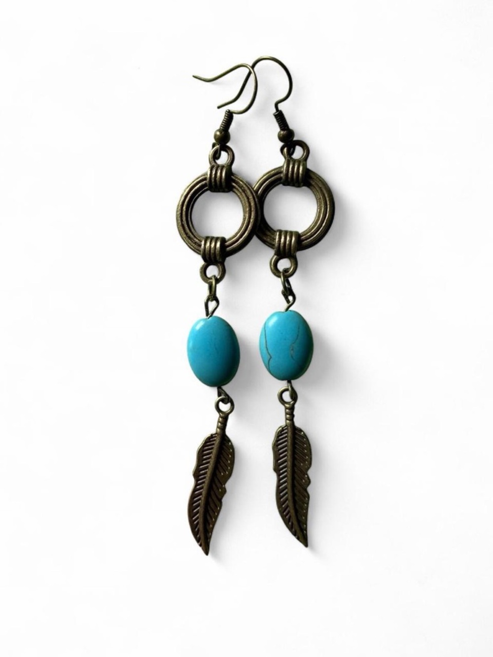 Handmade Boho Turquoise Feather Dangle Earrings - Western Artisan Jewelry